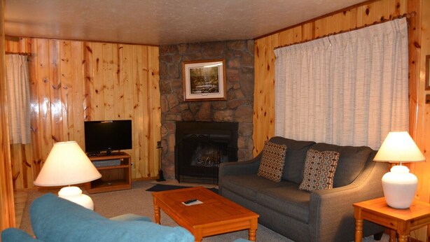 A cozy living room with a stone fireplace, a television, and a sofa with patterned cushions. - Whispering Pines Resort-Cabin #18 (Pinetop)