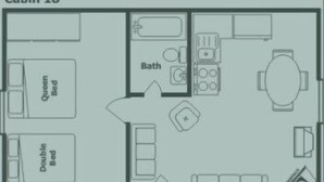 Plan d’étage de la cabane numéro 18, comprenant un lit queen-size, un lit double, une salle de bain et une véranda.