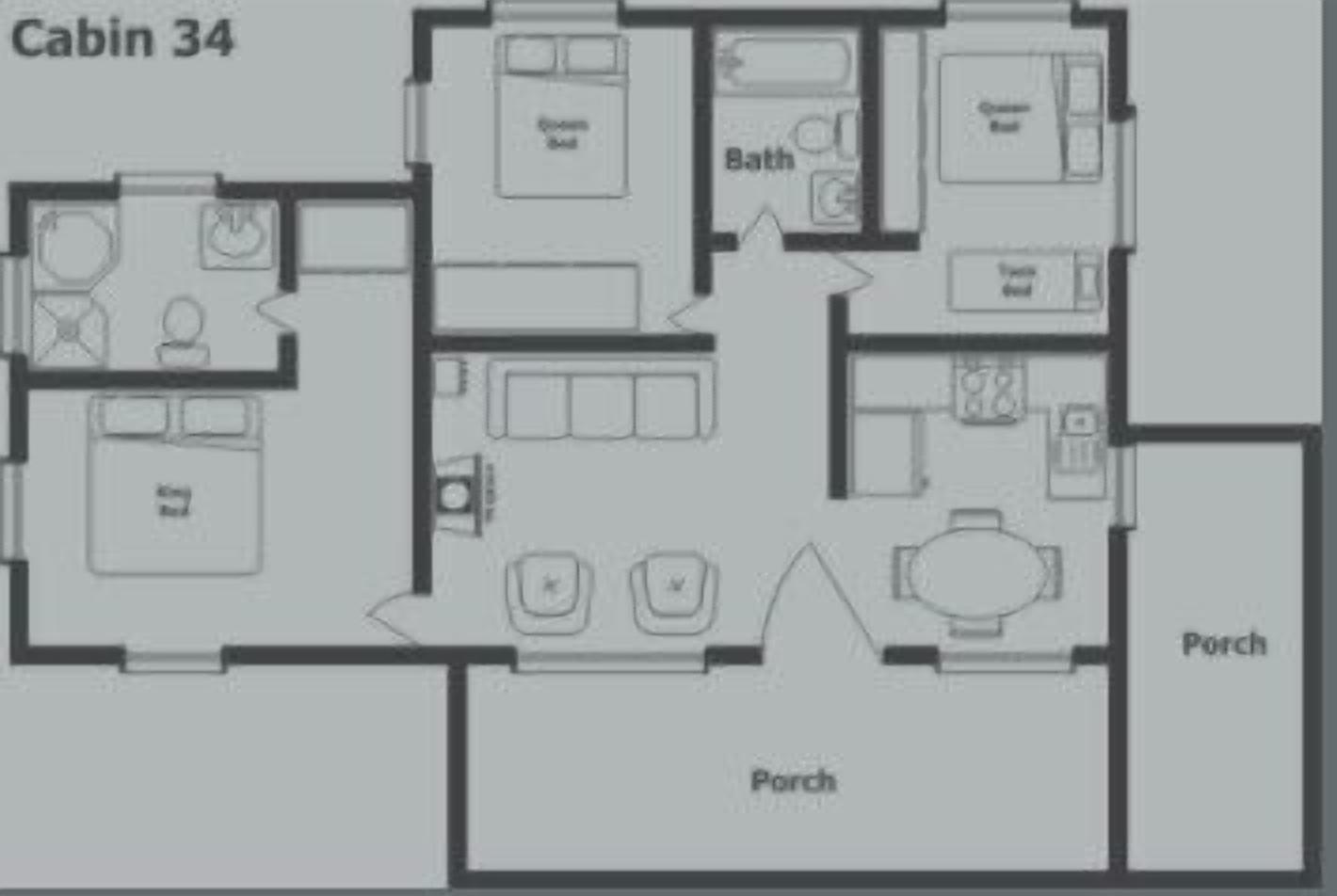 A floor plan of Cabin 34 with a bedroom, bathroom, and a porch area.
