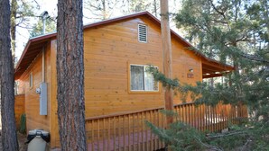Une cabane en bois avec un toit rouge, entourée d’arbres.