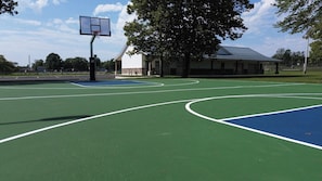 Una cancha de baloncesto al aire libre con un aro, rodeada de árboles y un edificio al fondo.
