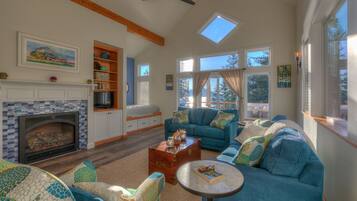 TV connectée, cheminée, livres