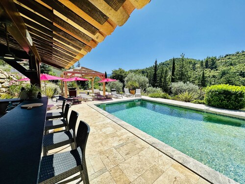 Maison en pierre,  piscine, spa, terrain de pétanque, bar extérieur 