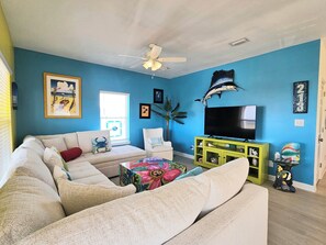 TV, video games, DVD player, video library