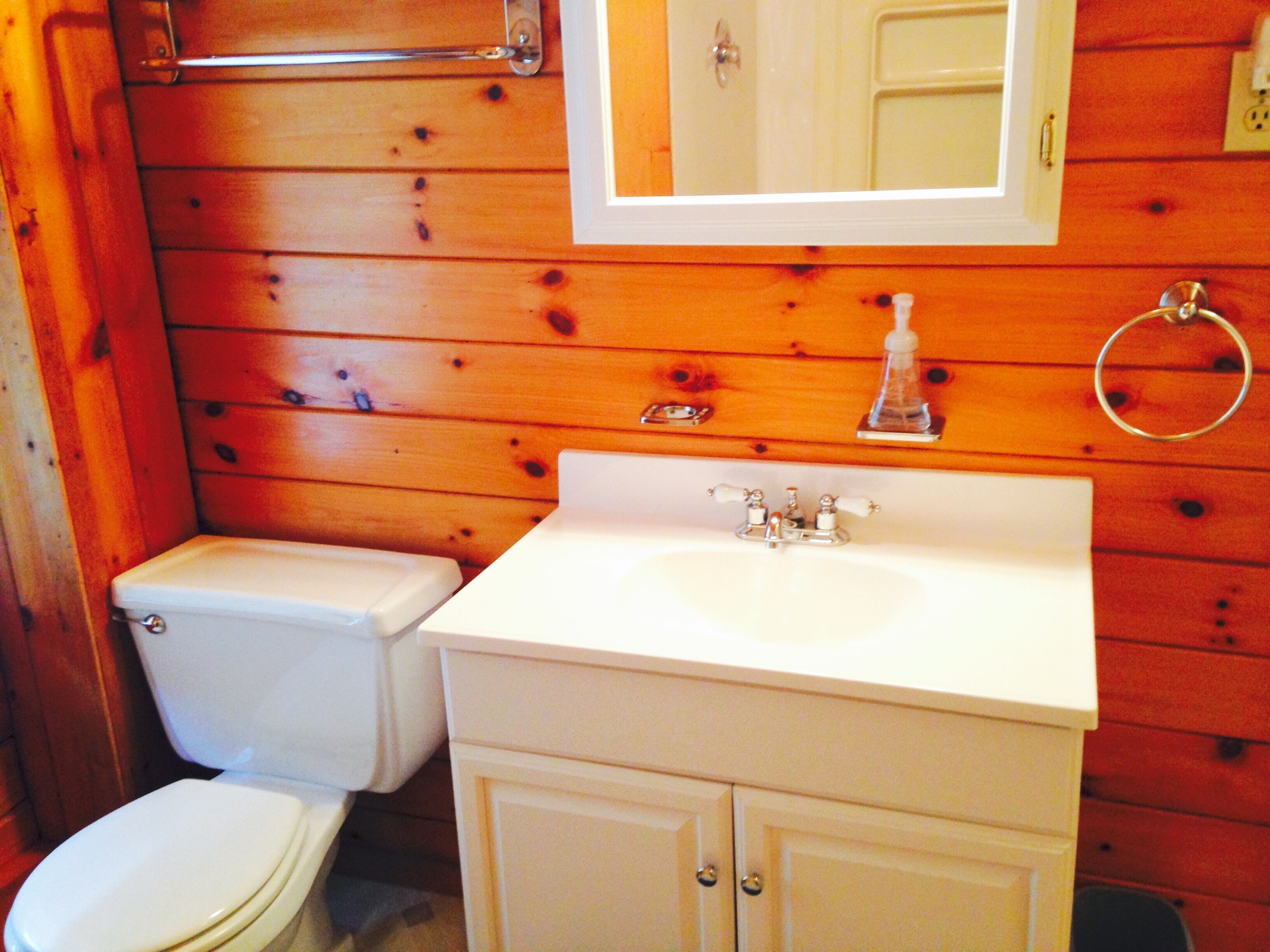 Une salle de bain aux murs lambrissés, équipée de toilettes, d’un lavabo et d’un miroir.