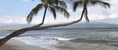 En la playa, sillas reclinables de playa, toallas de playa