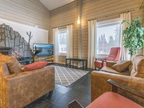 A cozy living room with two sofas, a television, and a fireplace. - Vacation home  by Interhome (Hyrynsalmi)