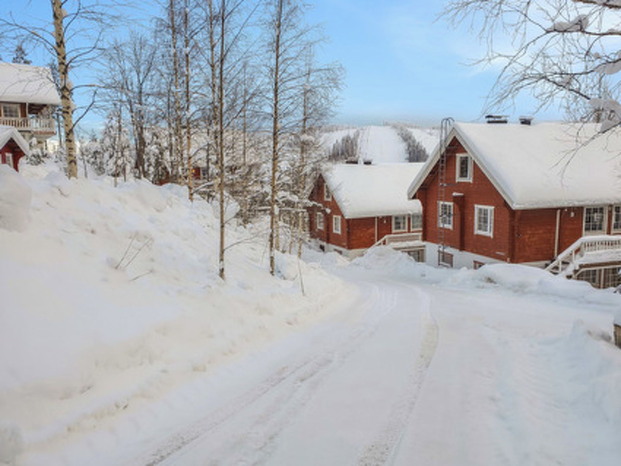A snow-covered road leading to a row of red brick houses with snow on the roofs.