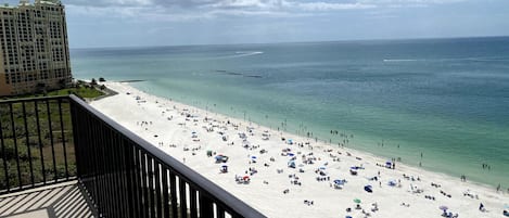 On the beach, sun-loungers, beach towels