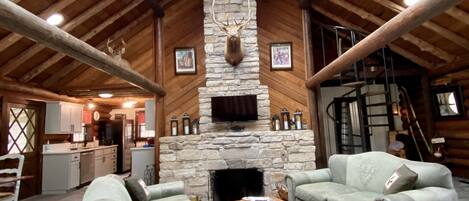 Smart TV, fireplace, books, stereo