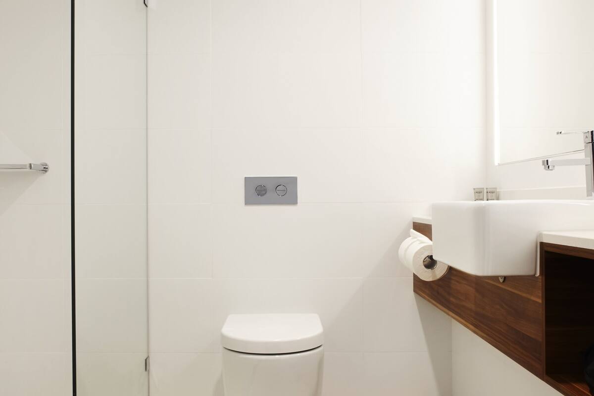 deluxe king room | bathroom | free toiletries, hair dryer, towels, soap