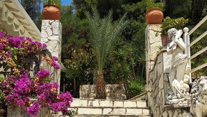 Eine Steintreppe führt zu einem Gebäudeeingang, umrahmt von Blumentöpfen und Blumen.