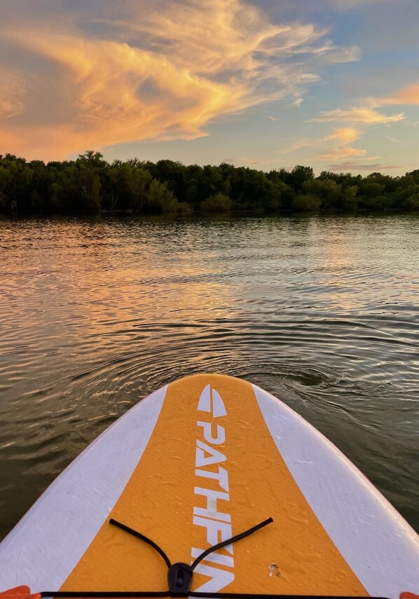 A paddleboard on calm water with a forested shoreline in the background. - GrandLake*Kayak*ForestView*Firepit*Kings*Lakefront (Grove)