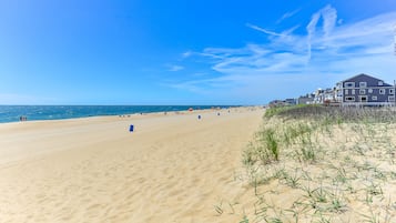 On the beach, sun loungers