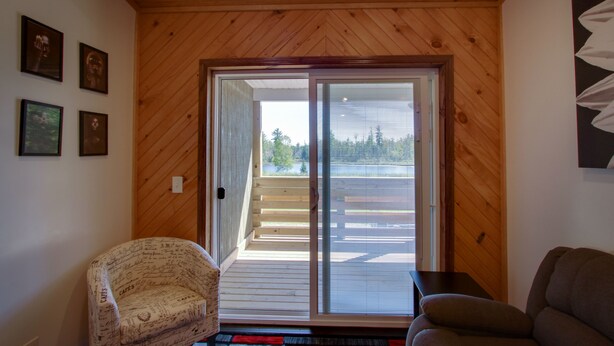 Una habitación con techo de madera, puerta corredera de vidrio que da a una terraza, un sillón estampado, un sofá marrón y cuadros enmarcados en la pared.