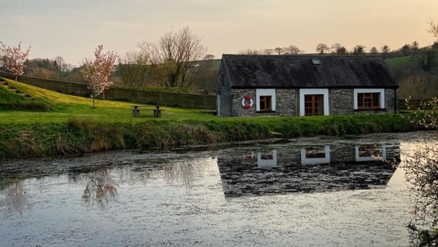 A stone cottage with a thatched roof, a small garden, and a pond in the foreground. - Stone Cottage Retreat with Pool & Lakeside (St Clears)