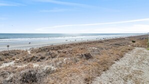A beach with a sandy path, a fence, and a clear sky.
