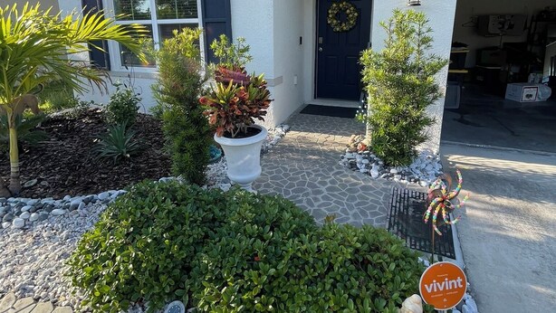 Ein modernes Haus mit einem Kiesweg, der zum Eingang führt, umgeben von Pflanzen und einer Dekospinnwebe.