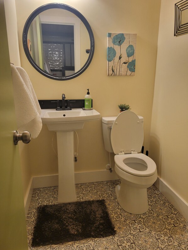 A bathroom with a toilet, sink, and mirror. - Downtown studio apartment walking distance to restaurants and shops (Sparta)