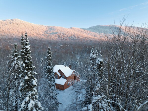 Een rustieke hut, omringd door met sneeuw bedekte bomen en een berg op de achtergrond.