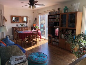 Smart TV, fireplace, DVD player, books