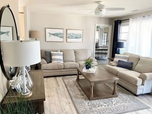 Smart TV, fireplace, books, music library