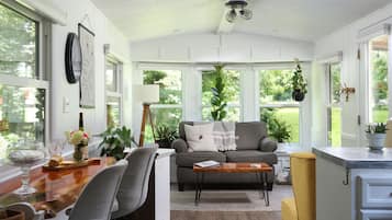 Smart TV, fireplace, books