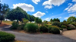 A landscaped garden with a gravel path, various shrubs, and trees. - Le domaine des roseraies, Omaha Beach, Maupassant gîte (Monfréville)