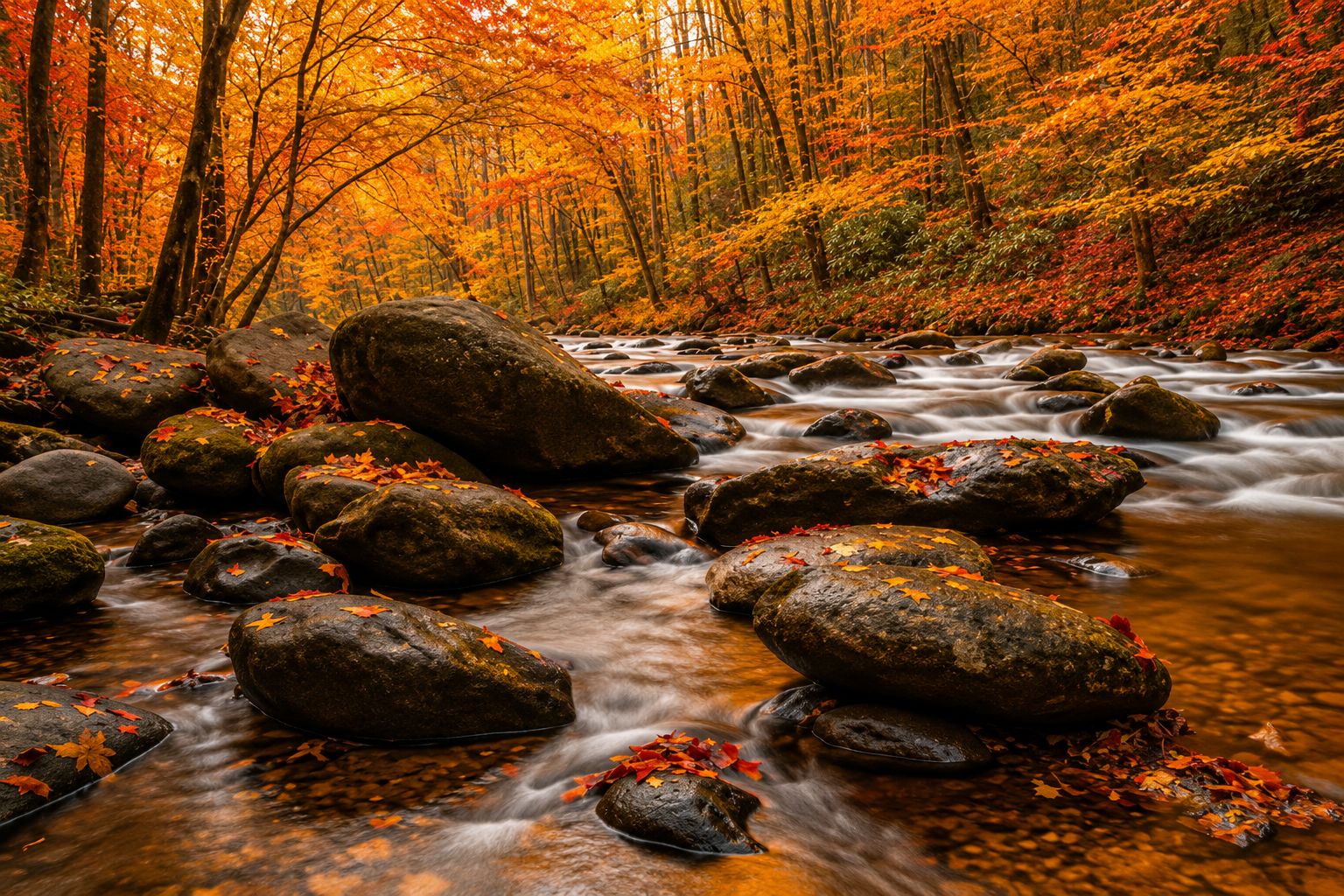 A stream with rocks and autumn leaves, surrounded by trees.