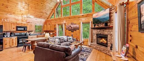 Smart TV, chimenea, reproductor de DVD y futbolito