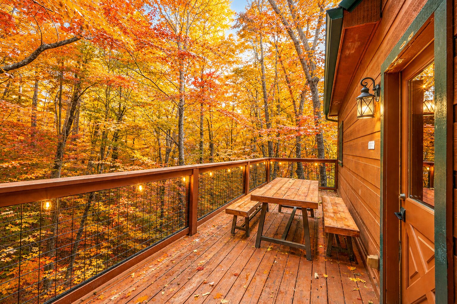 Um deck de madeira com mesa e bancos, com vista para uma floresta com folhagem de outono.