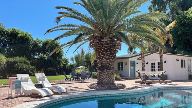 Zona de piscina con sillas de descanso, una palmera y un edificio con puerta y ventanas.