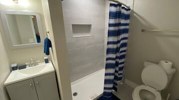 Combined shower/tub, hair dryer, towels, soap
