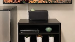Un téléviseur à écran plat est fixé au mur, au-dessus d’un meuble noir servant de support pour les appareils multimédias, et trois pots décoratifs blancs ainsi qu’un vase vert y sont disposés.
