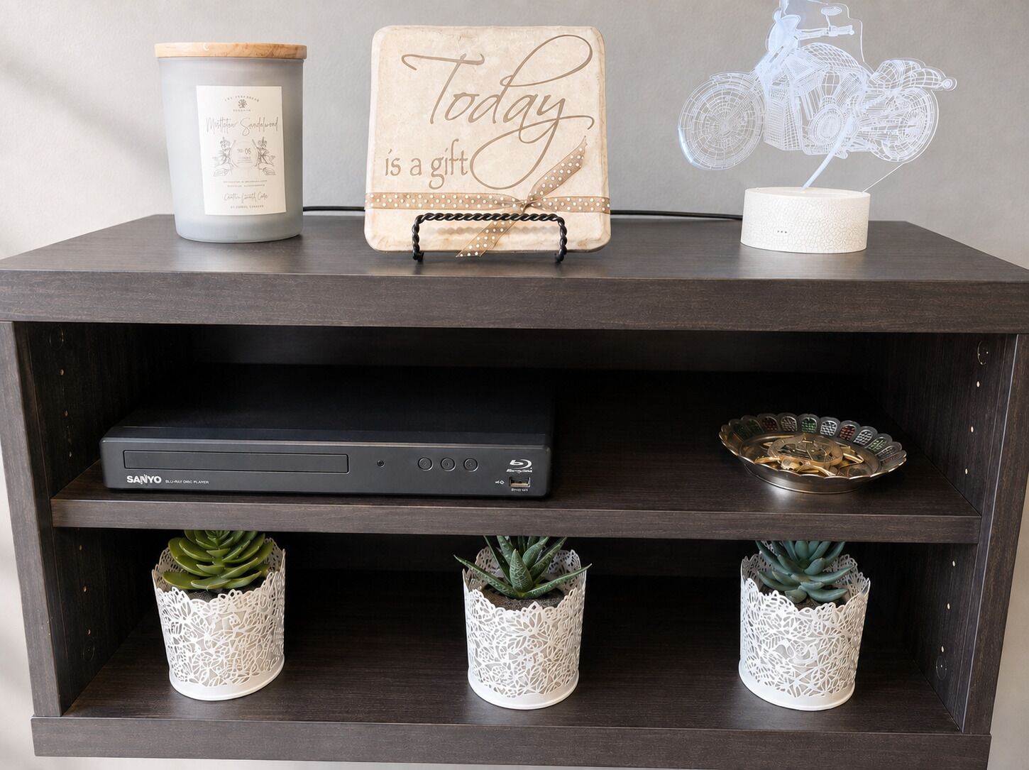 A dark wooden shelf with a Sanyo Blu-ray player, decorative items, and three white ceramic planters with succulents.