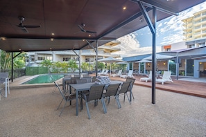 Outdoor pool, pool umbrellas, pool loungers