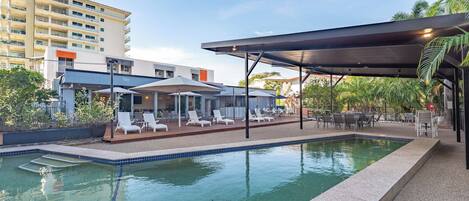 Outdoor pool, pool umbrellas, pool loungers