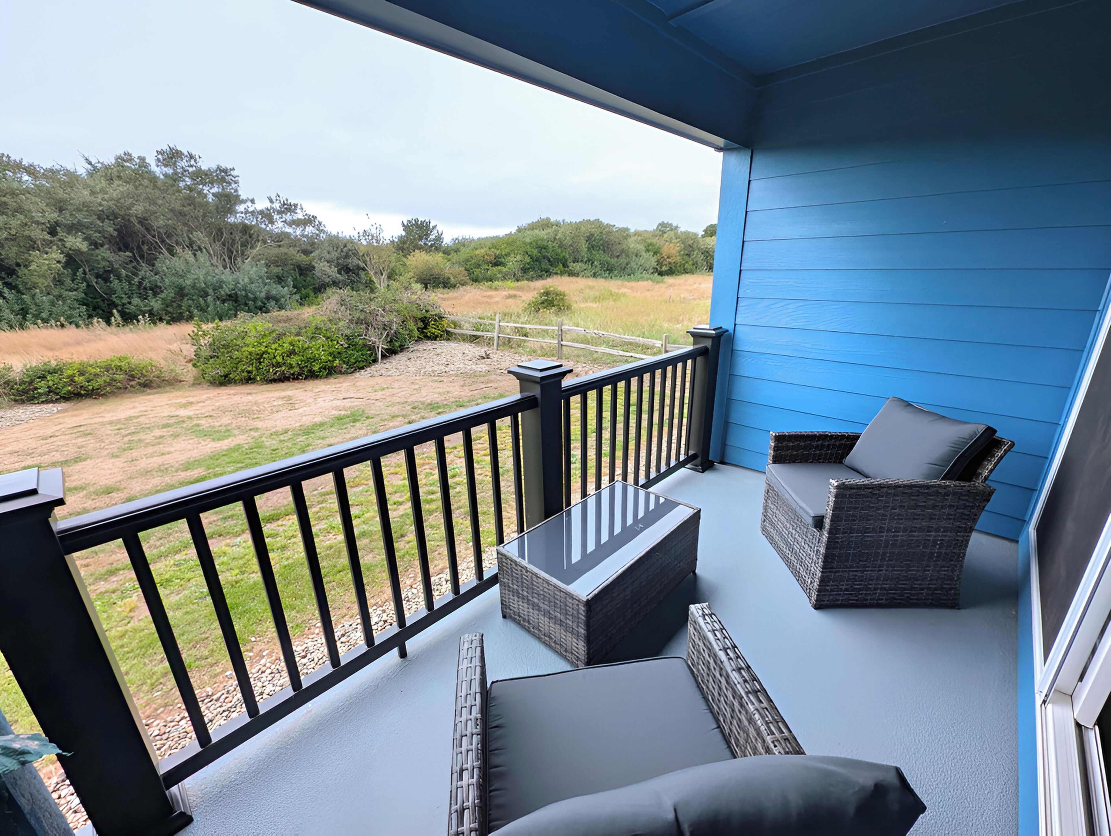 A balcony with a blue exterior, wicker furniture, and a view of a grassy field and trees.