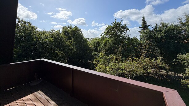 Une terrasse en bois offrant une vue sur une forêt dense et verdoyante et un ciel dégagé.