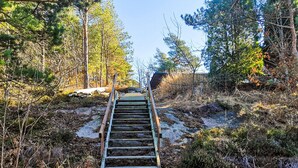 Eine hölzerne Treppe führt einen Hügel hinauf durch einen bewaldeten Bereich, im Hintergrund ist ein Picknicktisch zu sehen.