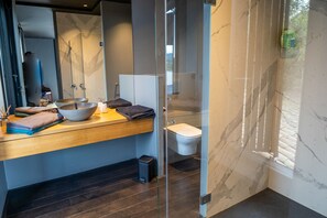 Combined shower/tub, hair dryer, towels, toilet paper