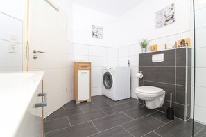 Shower, hair dryer, toilet paper