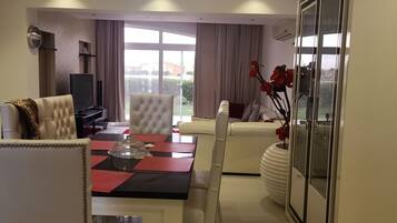 55-inch flat-screen TV with satellite channels, TV, fireplace