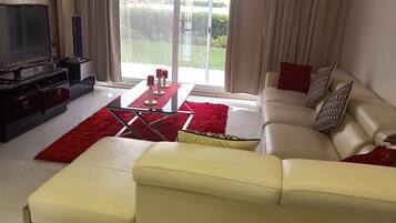 55-inch flat-screen TV with satellite channels, TV, fireplace
