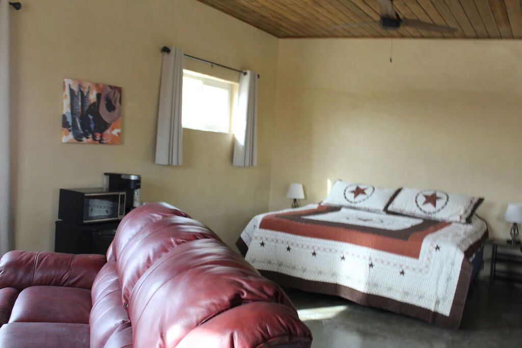 Une chambre à coucher avec un lit, un canapé en cuir, un tableau au mur et une fenêtre avec des rideaux.