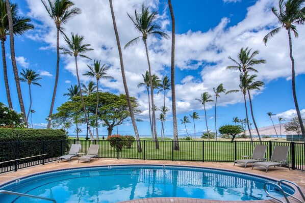 A swimming pool with lounge chairs, surrounded by palm trees and a clear sky.