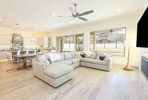 Smart TV, fireplace, books