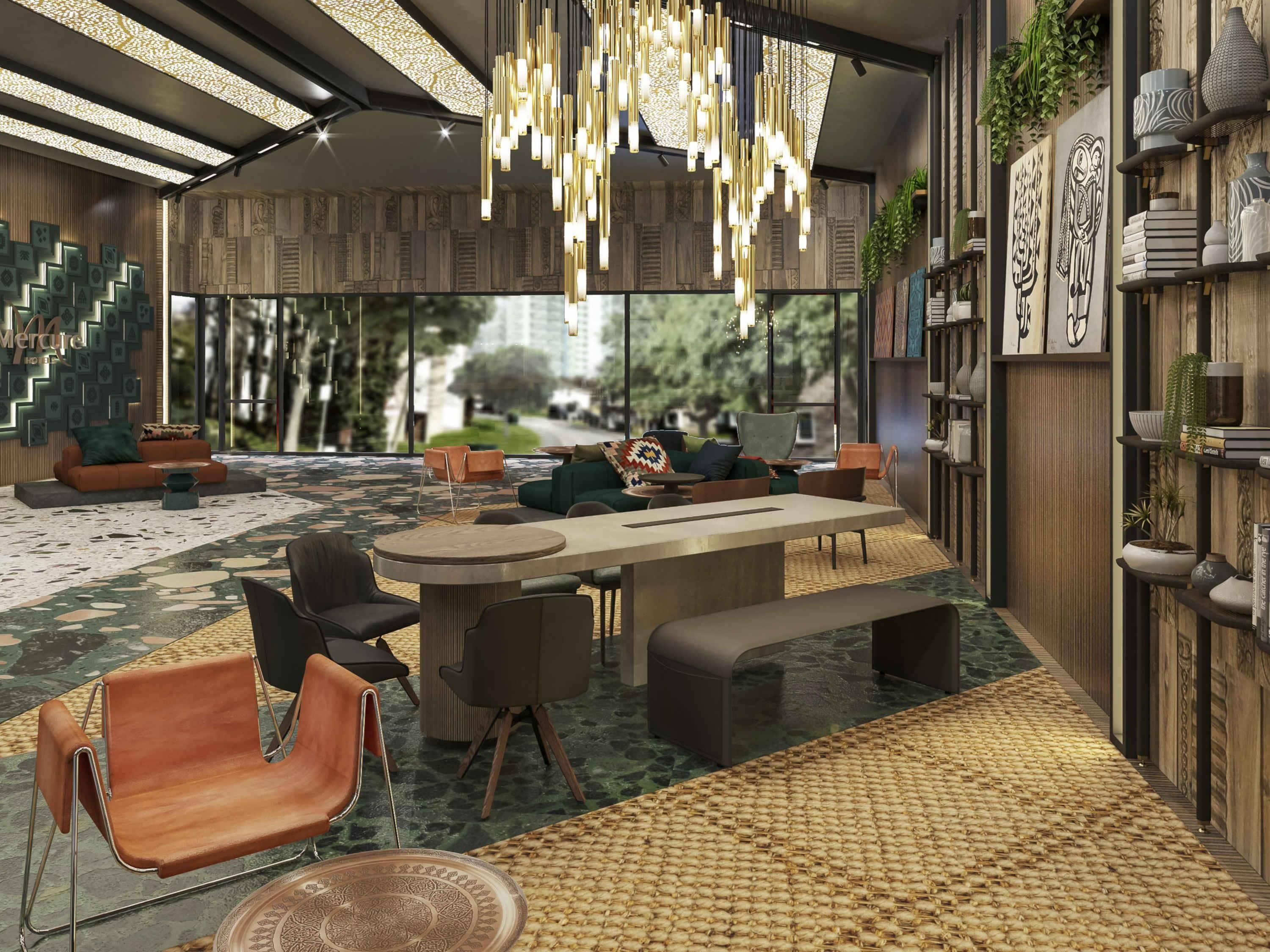 Decoração moderna com área de jantar central, opções de assento e elementos decorativos.