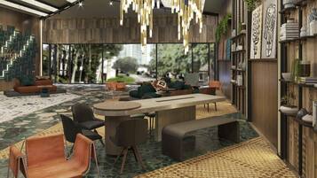 Decoração moderna com área de jantar central, opções de assento e elementos decorativos.