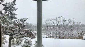 A view from a window with a cup on a table, overlooking a snowy landscape with trees and a body of water. - Oceanfront Nanoose Bay stunning views condo sleeps 6 (Nanoose Bay)